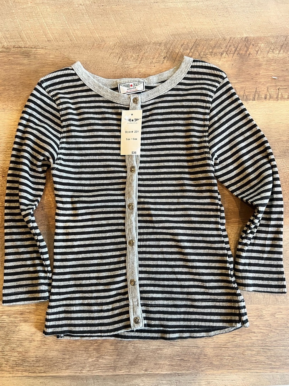 Hard Tail Black & Grey Striped Button-Front Top